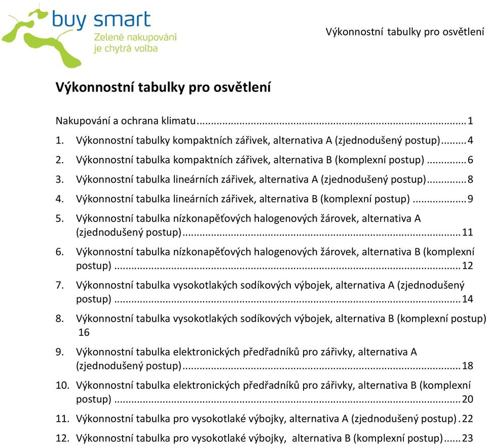 Výkonnostní tabulka lineárních zářivek, alternativa B (komplexní postup)... 9 5. Výkonnostní tabulka nízkonapěťových halogenových žárovek, alternativa A (zjednodušený postup)... 11 6.