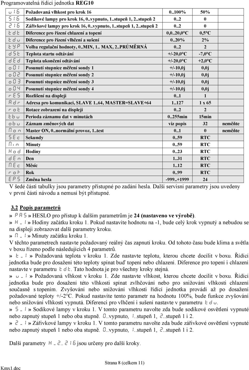 .2 2 dst Teplota startu odtávání +/-20,0 C -7,0 C ded Teplota ukončení odtávání +/-20,0 C +2,0 C o01 Posunutí stupnice měření sondy 1 +/-10,0j 0,0j o02 Posunutí stupnice měření sondy 2 +/-10,0j 0,0j