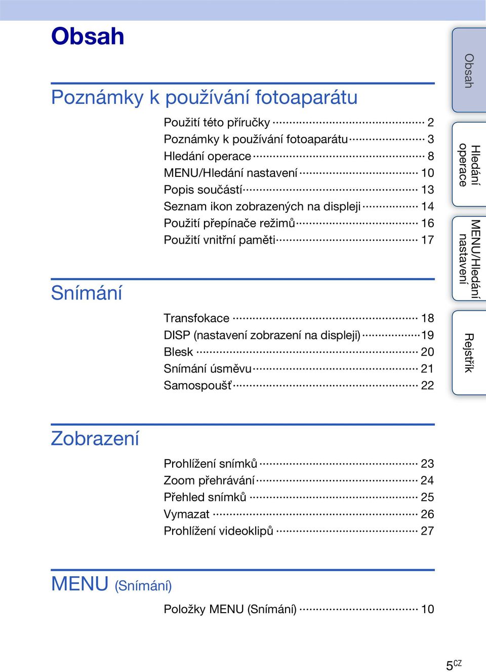 18 DISP ( zobrazení na displeji) 19 Blesk 20 Snímání úsměvu 21 Samospoušť 22 MENU/ Zobrazení Prohlížení snímků 23