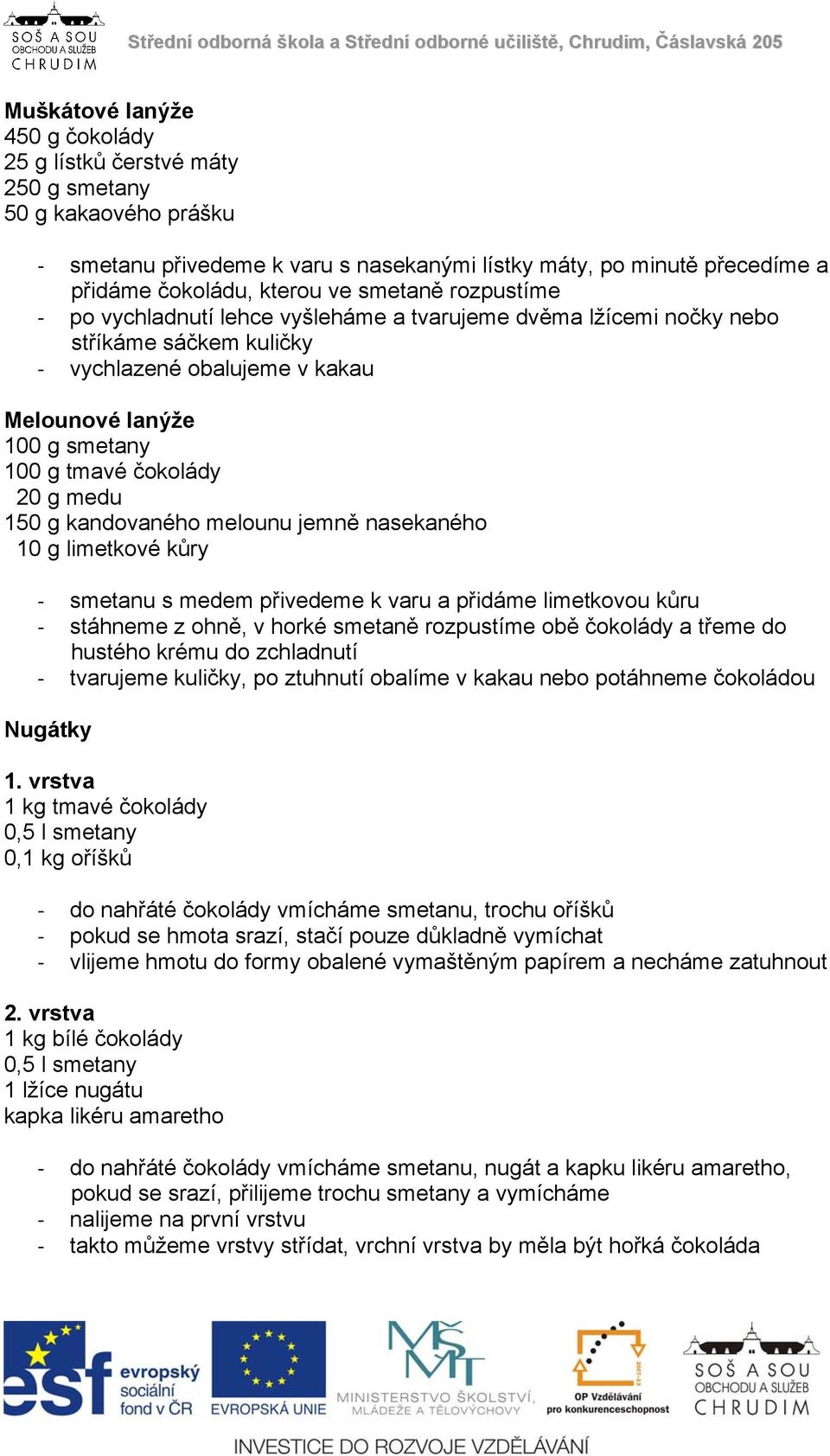 medu 150 g kandovaného melounu jemně nasekaného 10 g limetkové kůry smetanu s medem přivedeme k varu a přidáme limetkovou kůru stáhneme z ohně, v horké smetaně rozpustíme obě čokolády a třeme do