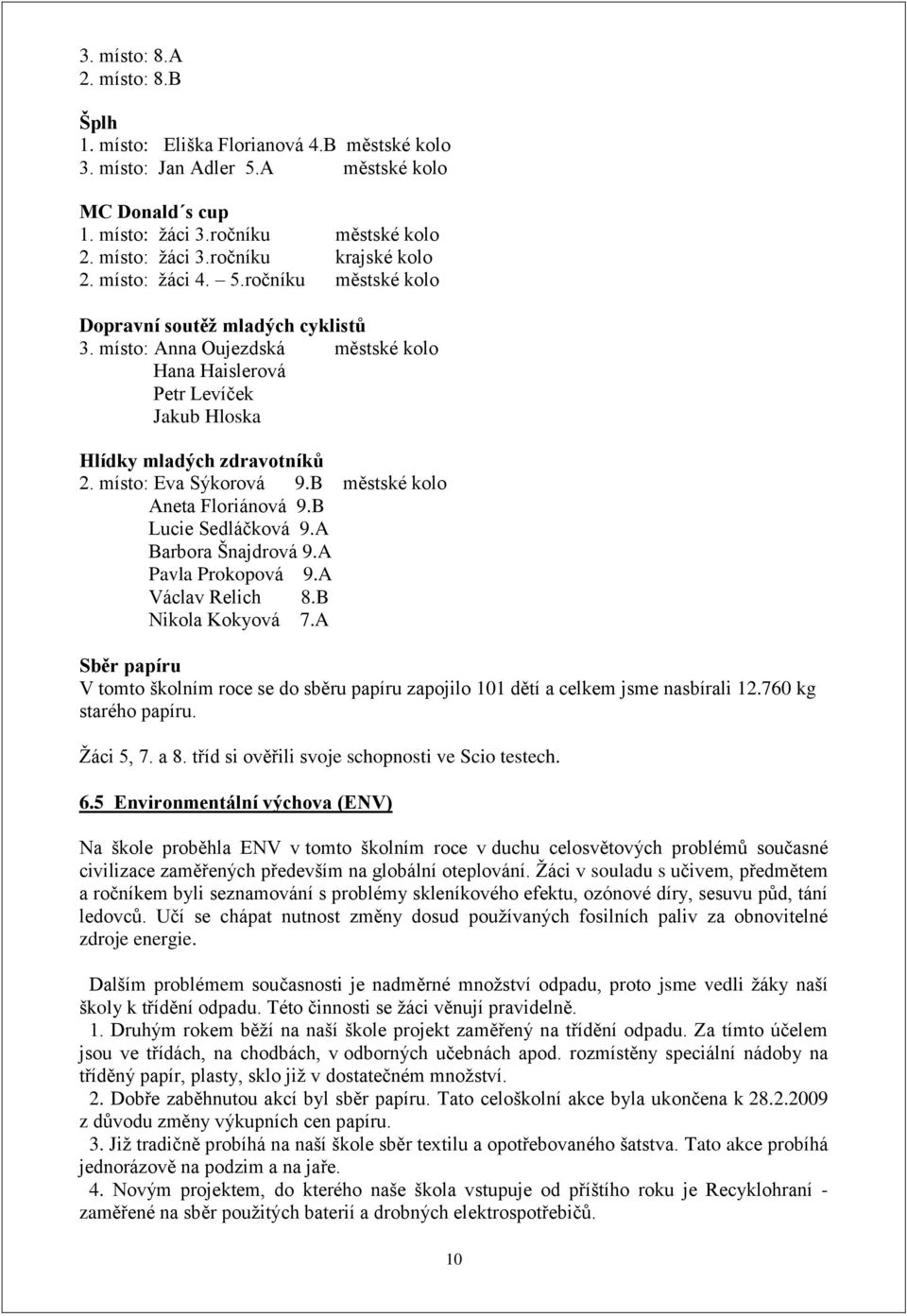 místo: Eva Sýkorová 9.B městské kolo Aneta Floriánová 9.B Lucie Sedláčková 9.A Barbora Šnajdrová 9.A Pavla Prokopová 9.A Václav Relich 8.B Nikola Kokyová 7.