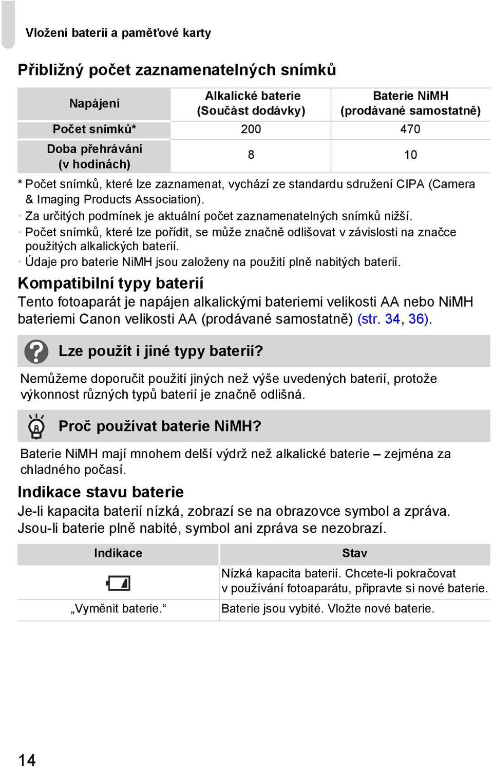 Počet snímků, které lze pořídit, se může značně odlišovat v závislosti na značce použitých alkalických baterií. Údaje pro baterie NiMH jsou založeny na použití plně nabitých baterií.