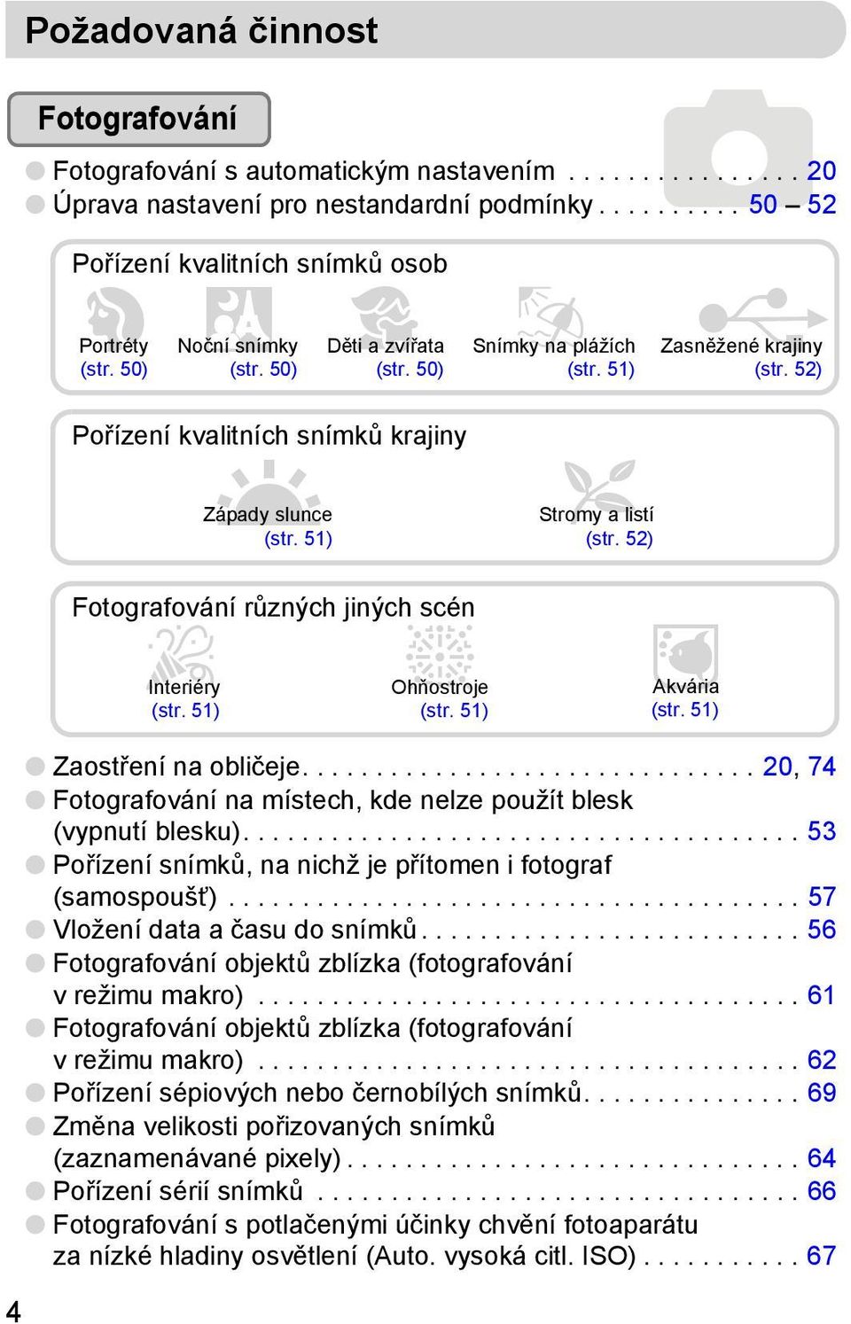 51) Fotografování různých jiných scén t Interiéry (str. 51) Ohňostroje (str. 51) O Stromy a listí (str. 52) y Akvária (str. 51) 4 Zaostření na obličeje.