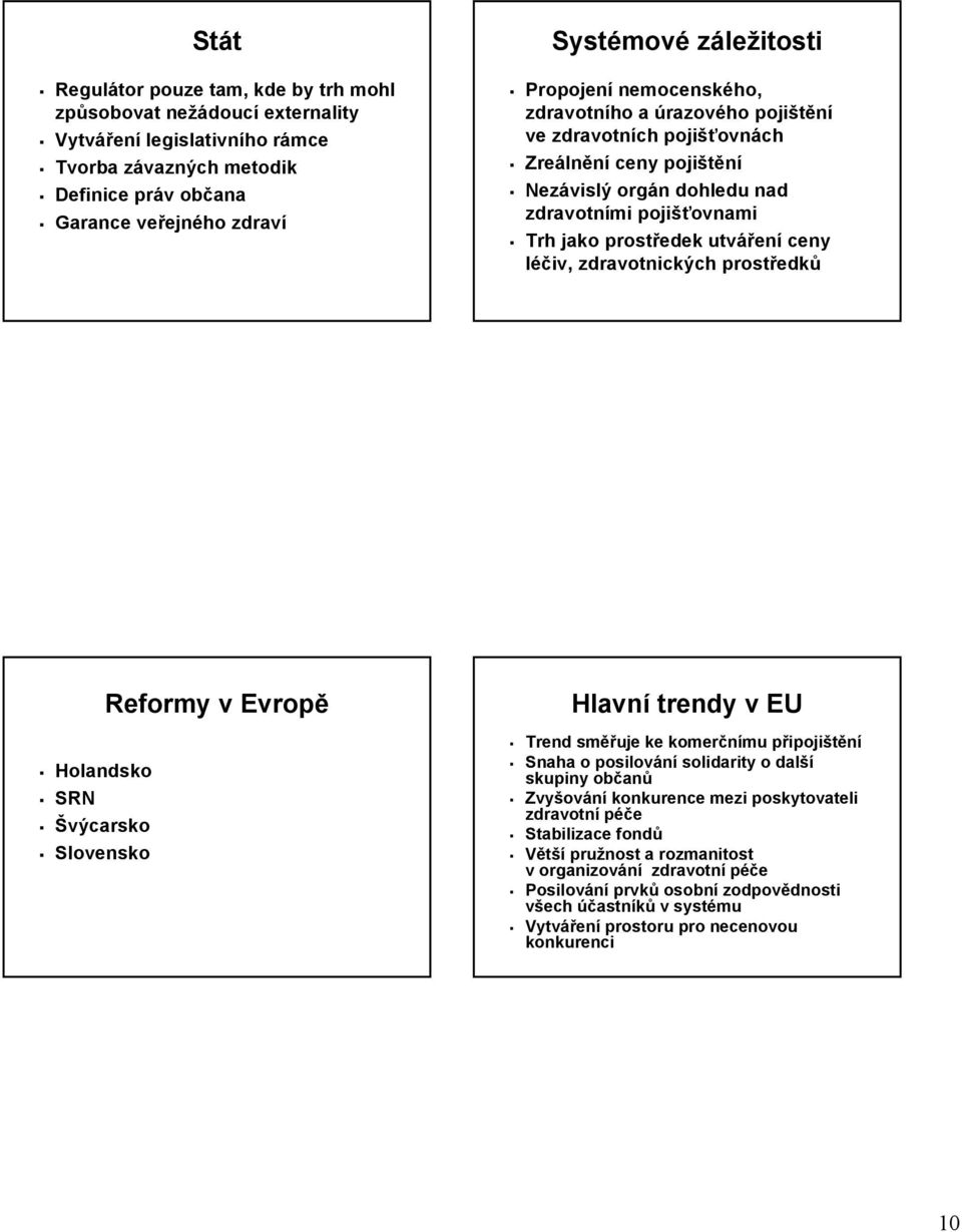 léčiv, zdravotnických prostředků Holandsko SRN Švýcarsko Slovensko Reformy v Evropě Hlavní trendy v EU Trend směřuje ke komerčnímu připojištění Snaha o posilování solidarity o další skupiny občanů