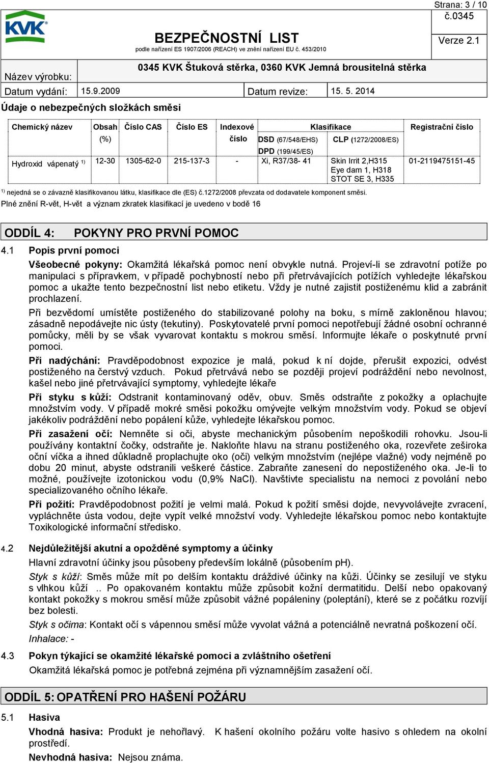 1272/2008 převzata od dodavatele komponent směsi. Plné znění R-vět, H-vět a význam zkratek klasifikací je uvedeno v bodě 16 Registrační číslo 01-2119475151-45 ODDÍL 4: POKYNY PRO PRVNÍ POMOC 4.