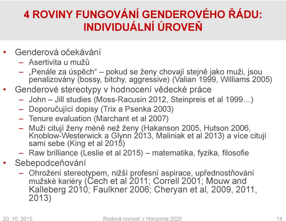 (Marchant et al 2007) Muži citují ženy méně než ženy (Hakanson 2005, Hutson 2006, Knoblow-Westerwick a Glynn 2013, Maliniak et al 2013) a více citují sami sebe (King et al 2015) Raw brilliance