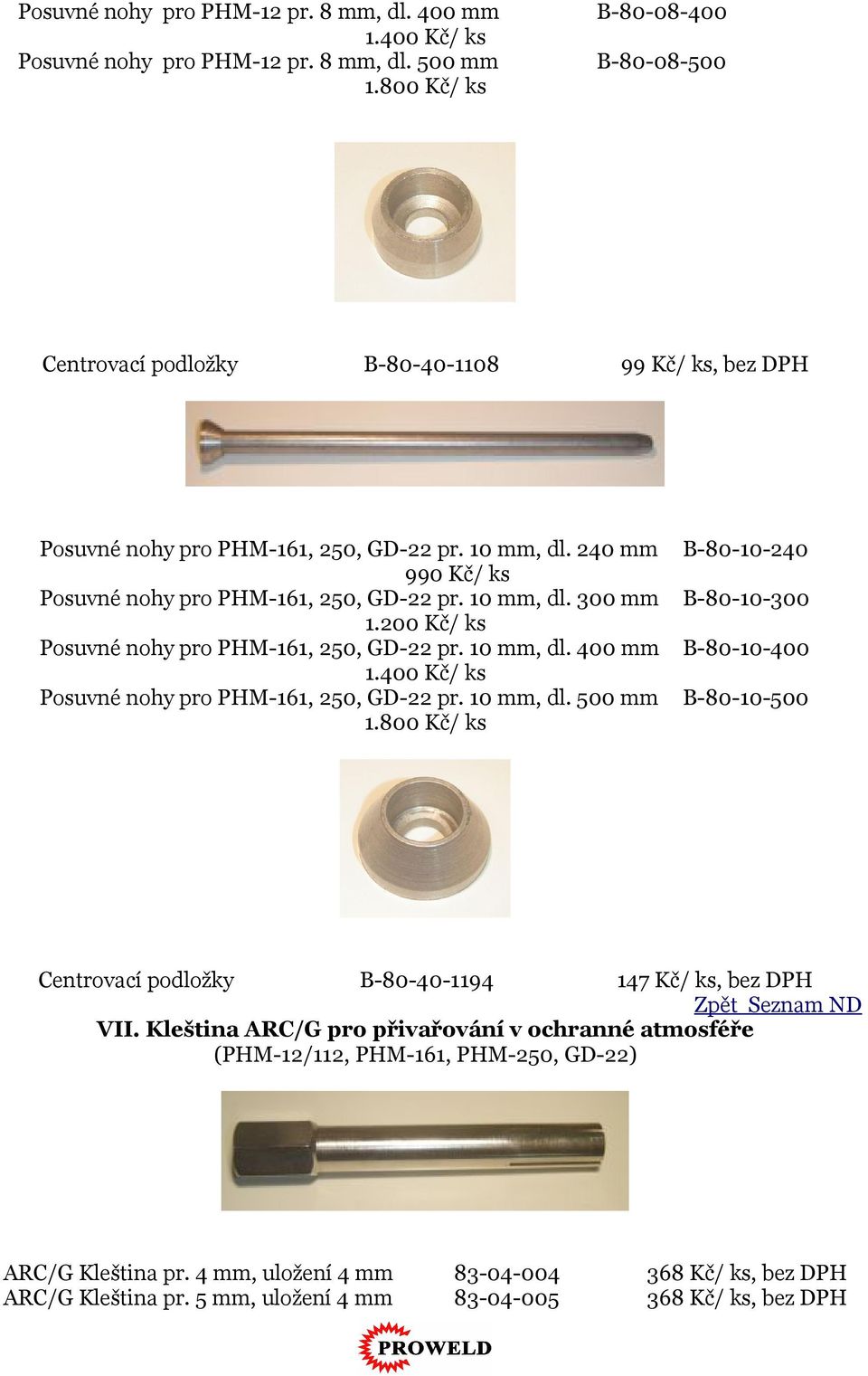 200 Kč/ ks Posuvné nohy pro PHM-161, 250, GD-22 pr. 10 mm, dl. 400 mm 1.400 Kč/ ks Posuvné nohy pro PHM-161, 250, GD-22 pr. 10 mm, dl. 500 mm 1.