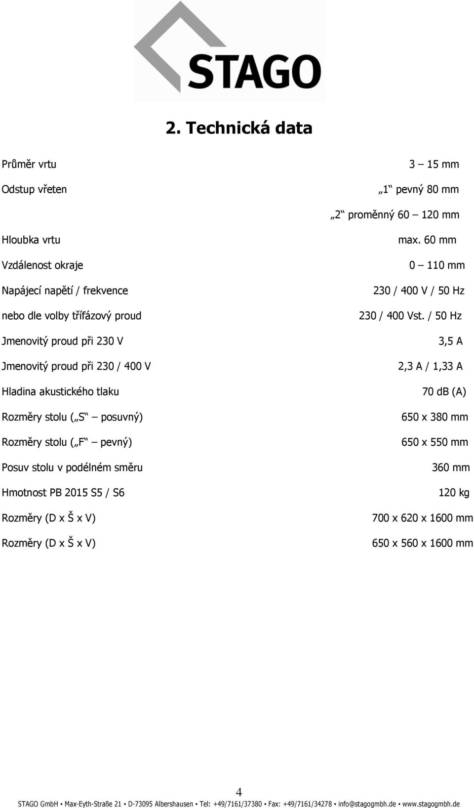 Rozměry stolu ( F pevný) Posuv stolu v podélném směru Hmotnost PB 2015 S5 / S6 Rozměry (D x Š x V) Rozměry (D x Š x V) max.