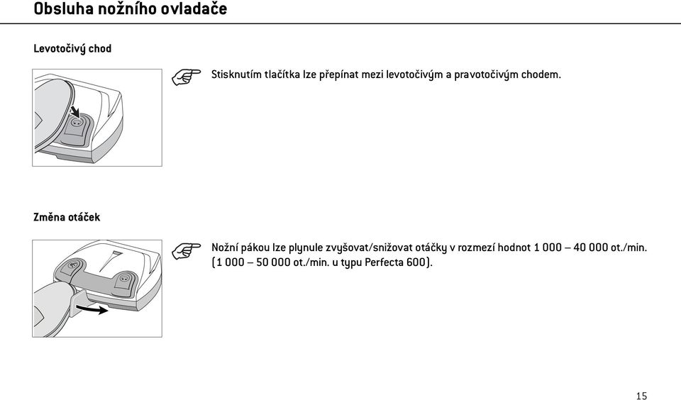 Změna otáček Nožní pákou lze plynule zvyšovat/snižovat otáčky v