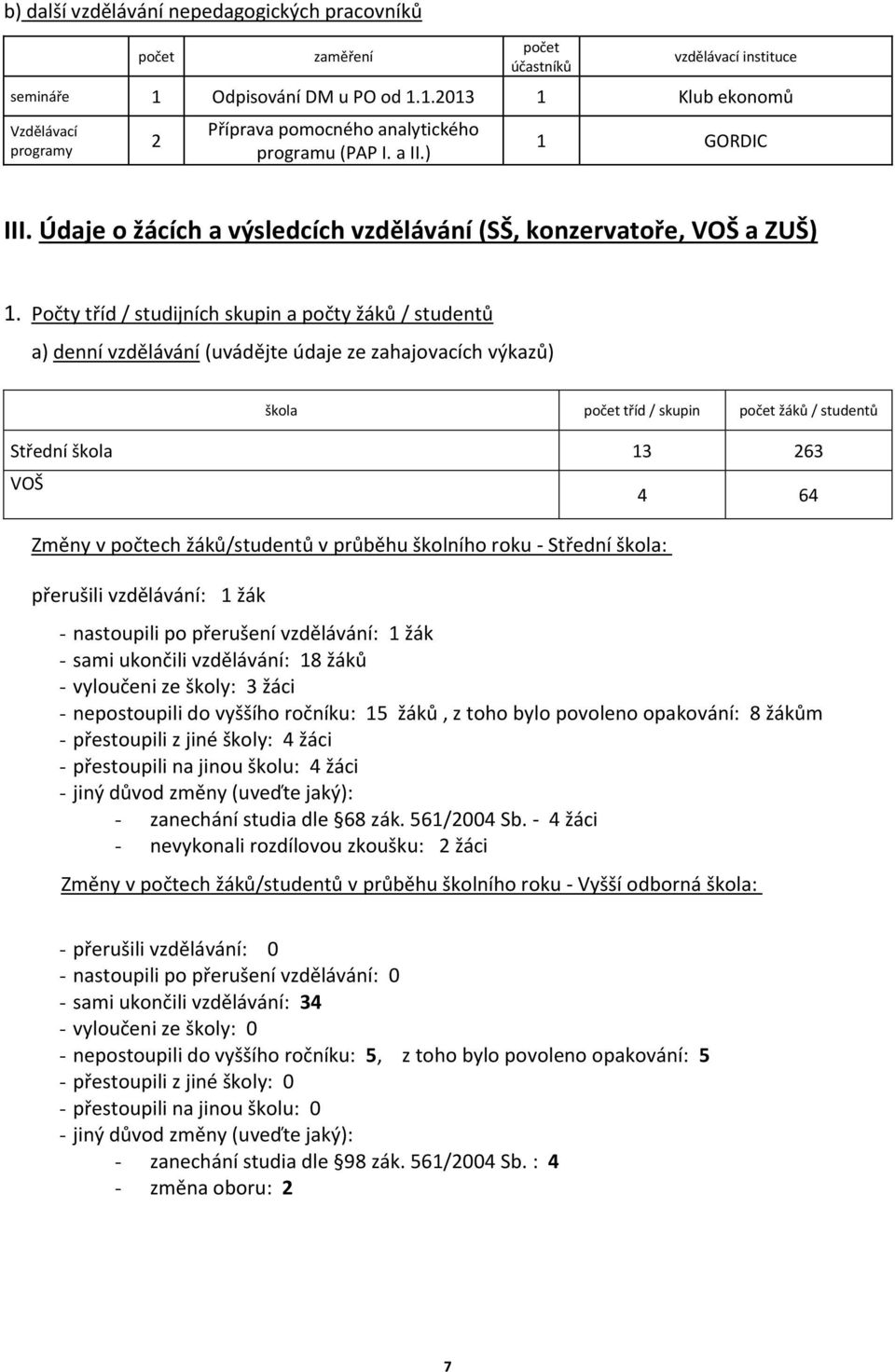 Počty tříd / studijních skupin a počty žáků / studentů a) denní vzdělávání (uvádějte údaje ze zahajovacích výkazů) škola počet tříd / skupin počet žáků / studentů Střední škola 13 263 VOŠ Změny v