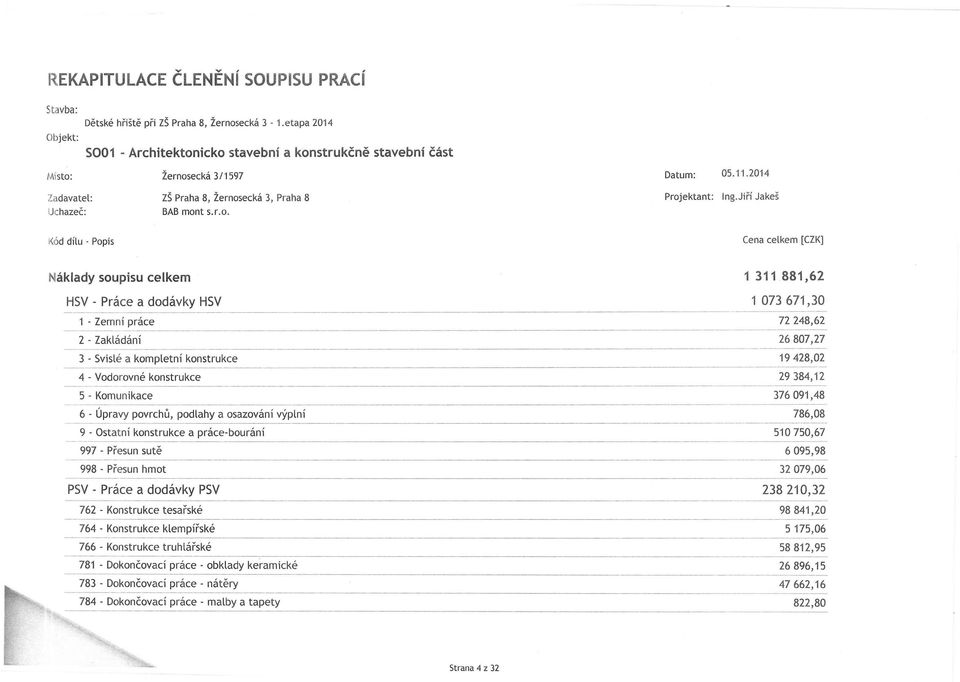 Jiří Jakeš Kód dílu - Popis Cena celkem [CZK] Náklady soupisu celkem HSV - Práce a dodávky HSV 1 - Zemní práce ~~--~-~~- 2 - Zakládání 3 - Svislé a kompletní konstrukce 4 - Vodorovné konstrukce 5 -