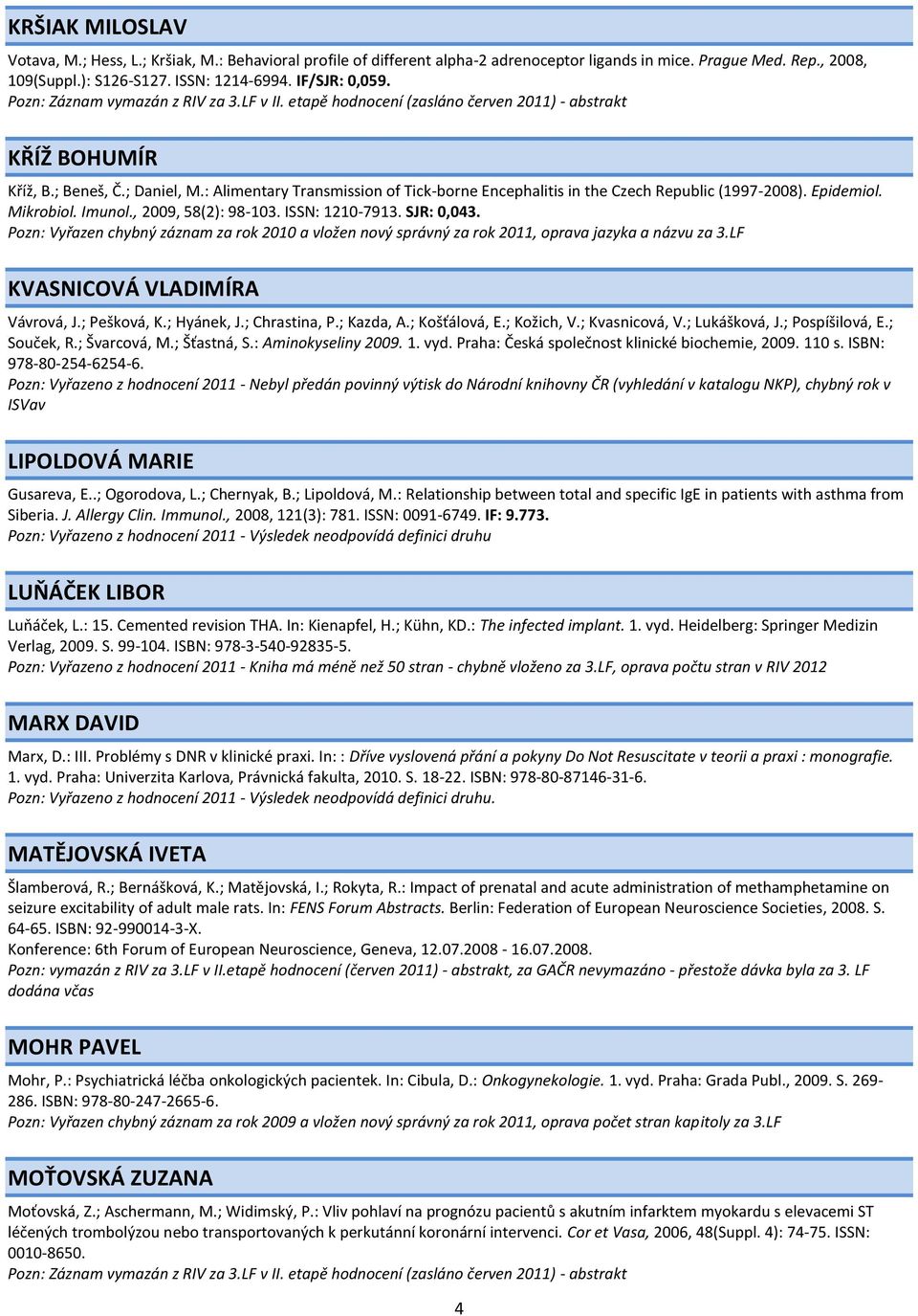 SJR: 0,043. Pozn: Vyřazen chybný záznam za rok 2010 a vložen nový správný za rok 2011, oprava jazyka a názvu za 3.LF KVASNICOVÁ VLADIMÍRA Vávrová, J.; Pešková, K.; Hyánek, J.; Chrastina, P.; Kazda, A.