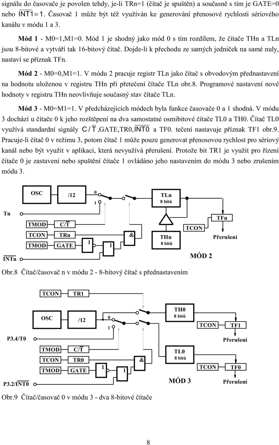 Mód 2 - M0=0,M=. V módu 2 pracuje registr TLn jako čítač s obvodovým přednastavení na hodnotu uloženou v registru THn při přetečení čítače TLn obr.8.