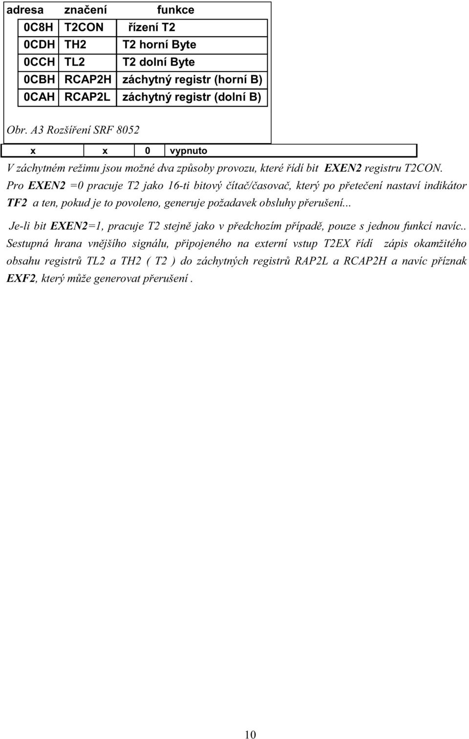 Pro EXEN2 =0 pracuje T2 jako 6-ti bitový čítač/časovač, který po přetečení nastaví indikátor TF2 a ten, pokud je to povoleno, generuje požadavek obsluhy přerušení.