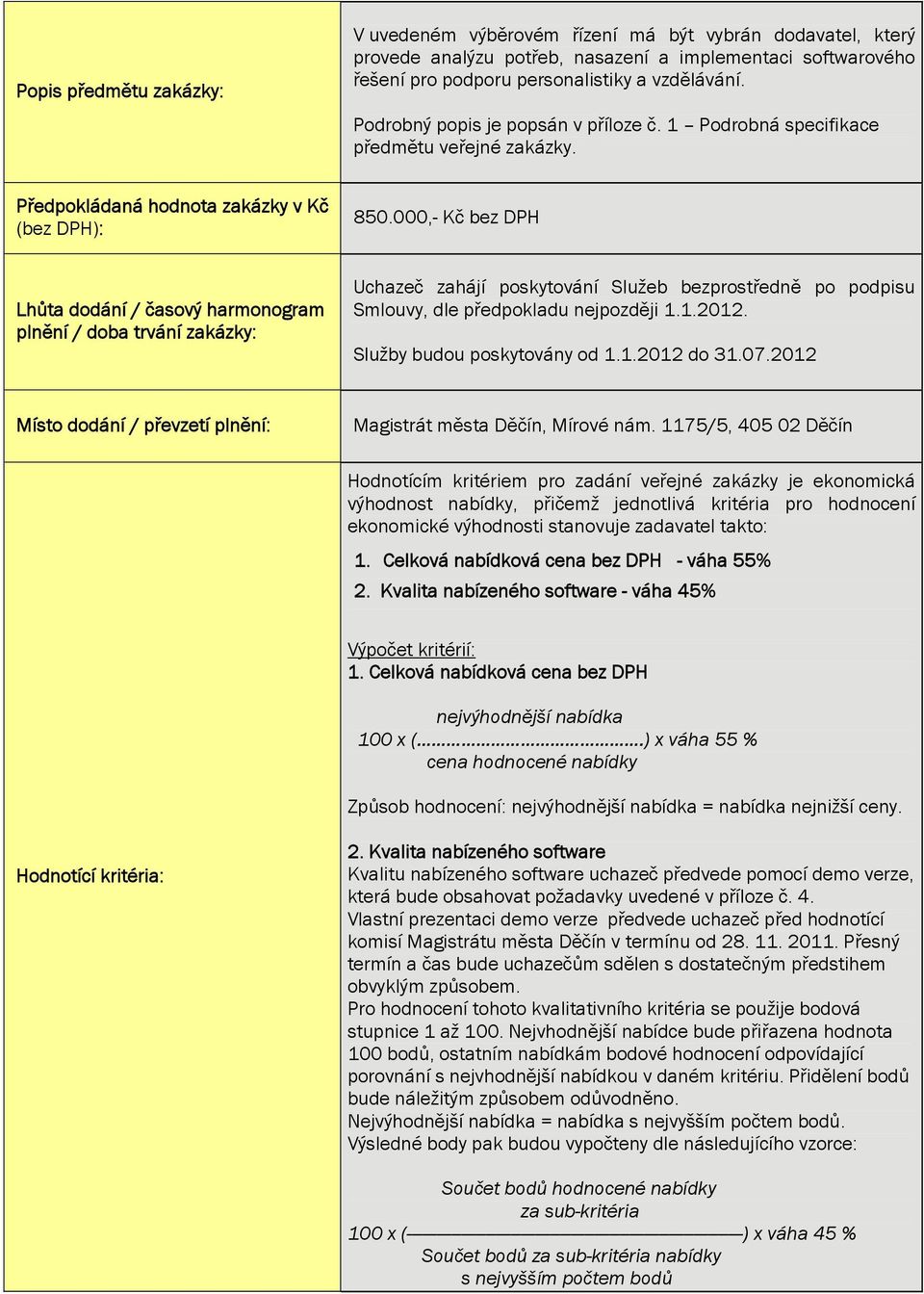 000,- Kč bez DPH Lhůta dodání / časový harmonogram plnění / doba trvání zakázky: Uchazeč zahájí poskytování Služeb bezprostředně po podpisu Smlouvy, dle předpokladu nejpozději 1.1.2012.