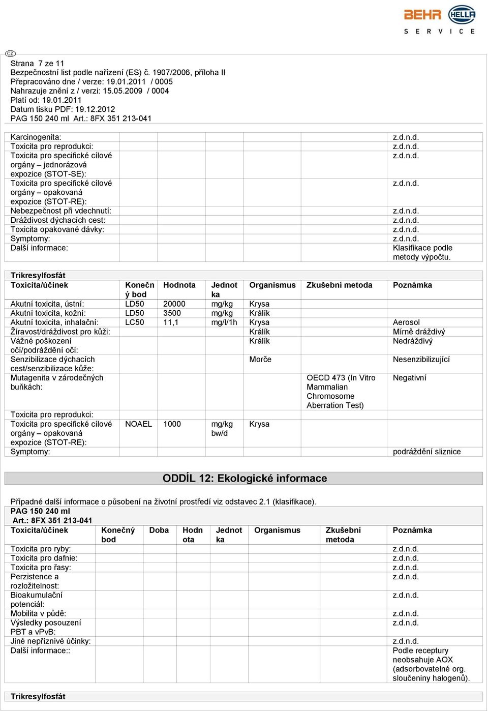 Trikresylfosfát Toxicita/účinek Konečn Hodnota Jednot Organismus Zkušební metoda Poznámka ý bod ka Akutní toxicita, ústní: LD50 20000 mg/kg Krysa Akutní toxicita, kožní: LD50 3500 mg/kg Králík Akutní