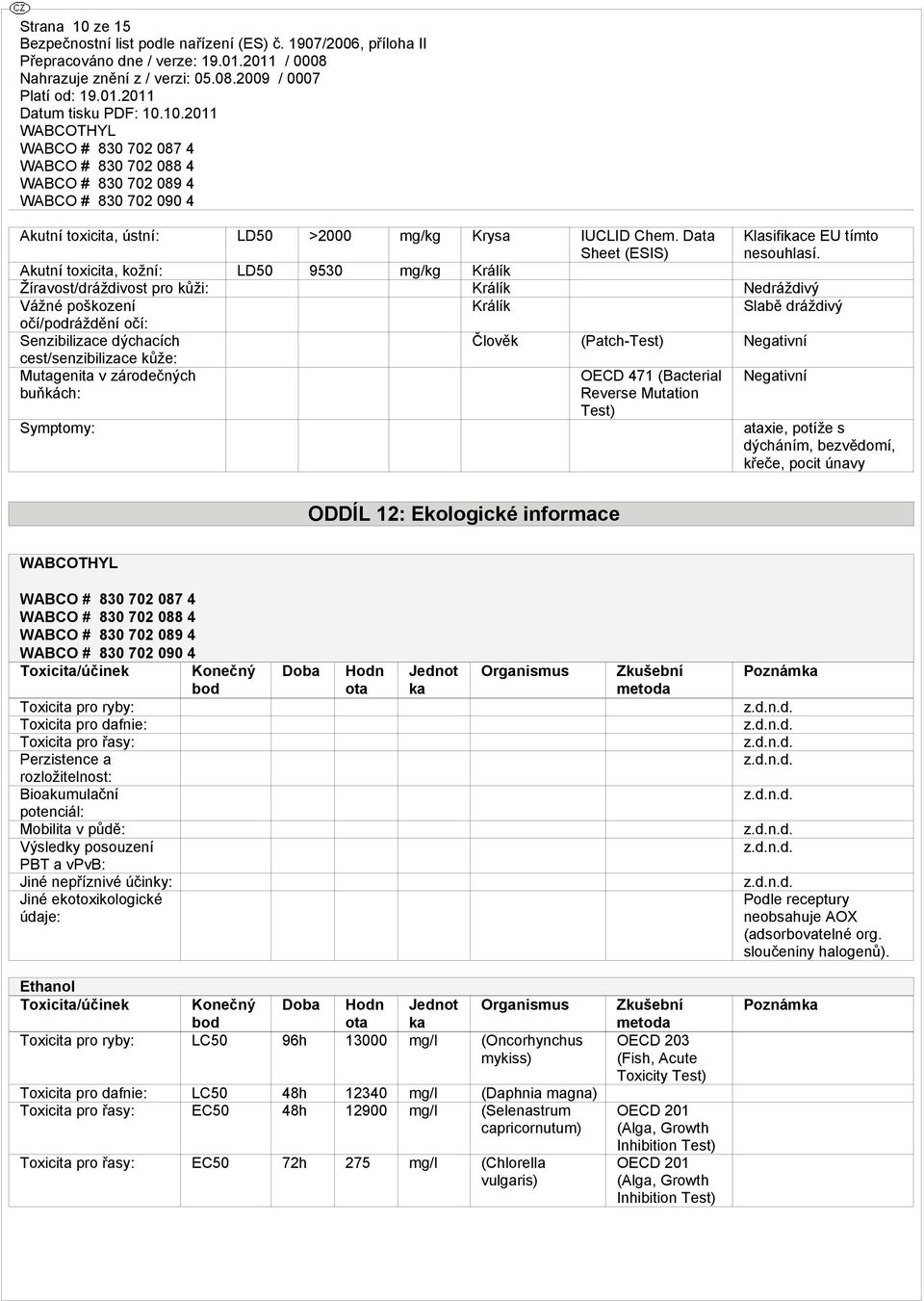 cest/senzibilizace kůže: Symptomy: OECD 471 (Bacterial Reverse Mutation Test) ataxie, potíže s dýcháním, bezvědomí, křeče, pocit únavy ODDÍL 12: Ekologické informace Toxicita/účinek Konečný bod