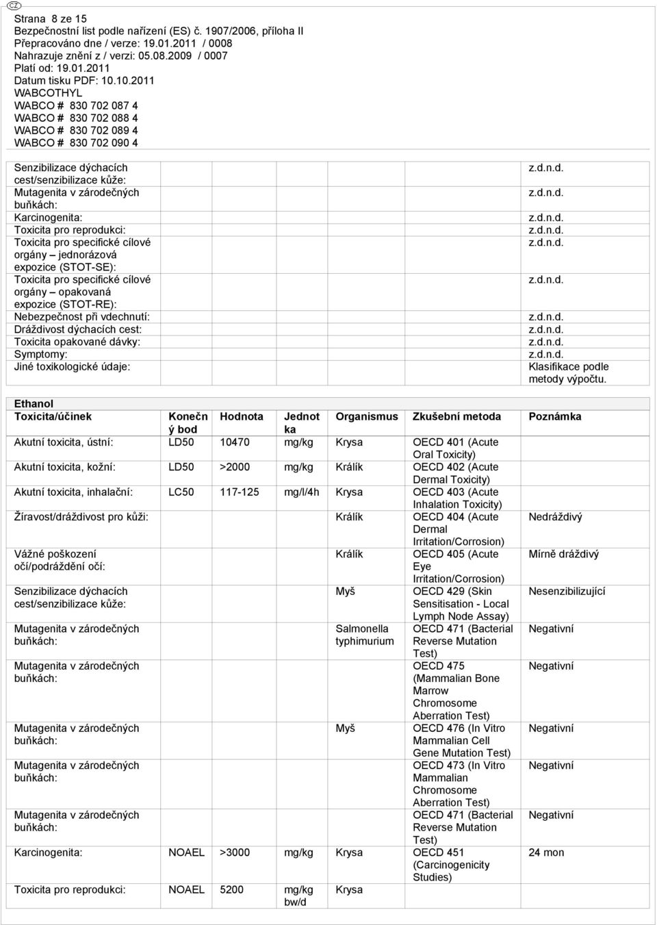 Ethanol Toxicita/účinek Konečn Hodnota Jednot Organismus Zkušební metoda Poznámka ý bod ka Akutní toxicita, ústní: LD50 10470 mg/kg Krysa OECD 401 (Acute Oral Toxicity) Akutní toxicita, kožní: LD50