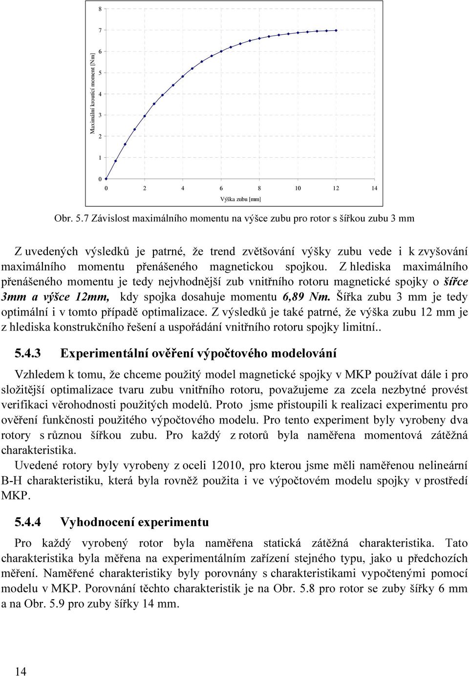 7 Závislost maximálního momentu na výšce zubu pro rotor s šířkou zubu 3 mm Z uvedených výsledků je patrné, že trend zvětšování výšky zubu vede i k zvyšování maximálního momentu přenášeného