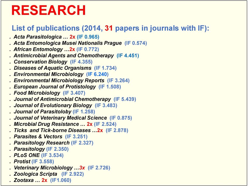 Environmental Microbiology Reports (IF 3.264). European Journal of Protistology (IF 1.508). Food Microbiology (IF 3.407). Journal of Antimicrobial Chemotherapy (IF 5.439).