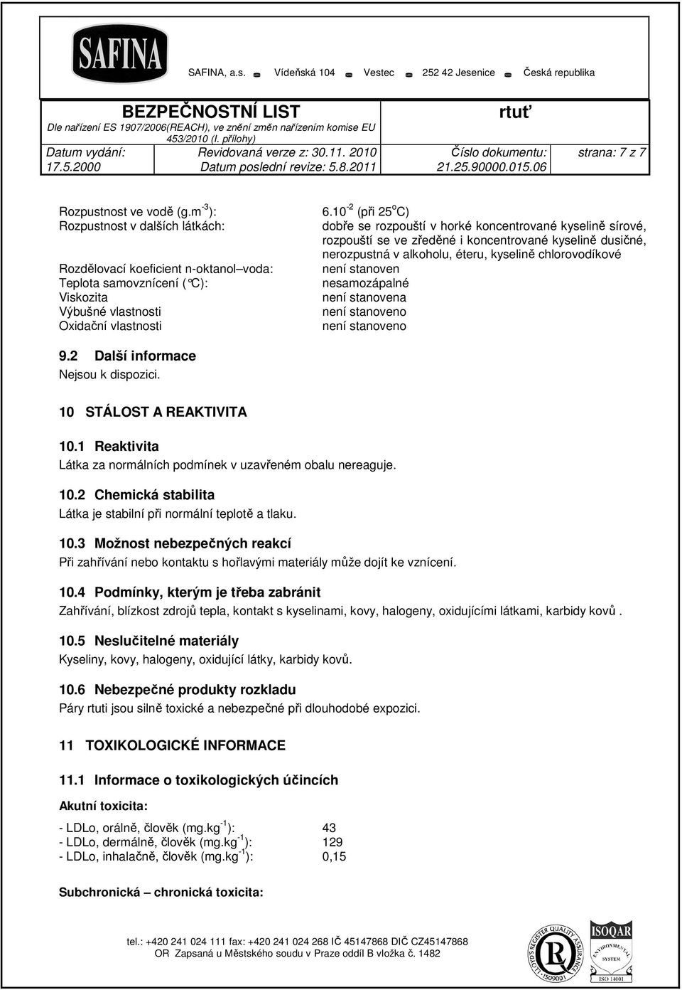 kyselině chlorovodíkové Rozdělovací koeficient n-oktanol voda: není stanoven Teplota samovznícení ( C): nesamozápalné Viskozita není stanovena Výbušné vlastnosti není stanoveno Oxidační vlastnosti