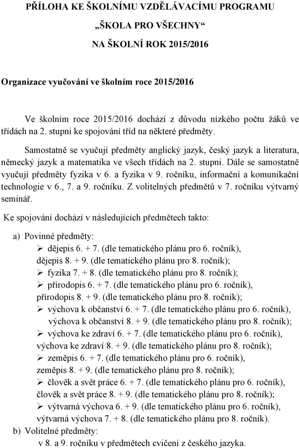 a fyzika v 9. ročníku, informační a komunikační technologie v 6., 7. a 9. ročníku. Z volitelných předmětů v 7. ročníku výtvarný seminář.