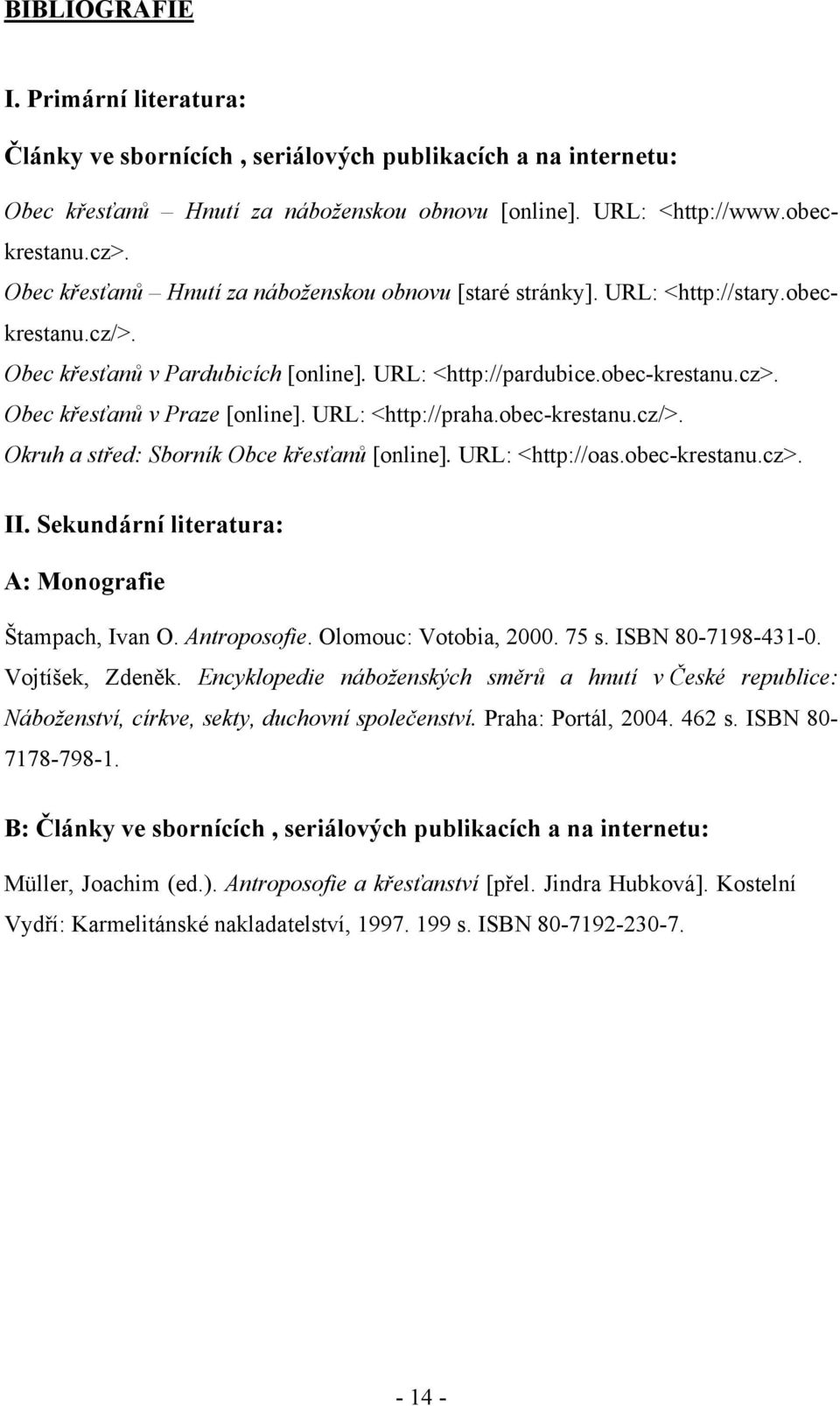 Obec křesťanů v Praze [online]. URL: <http://praha.obec-krestanu.cz/>. Okruh a střed: Sborník Obce křesťanů [online]. URL: <http://oas.obec-krestanu.cz>. II.