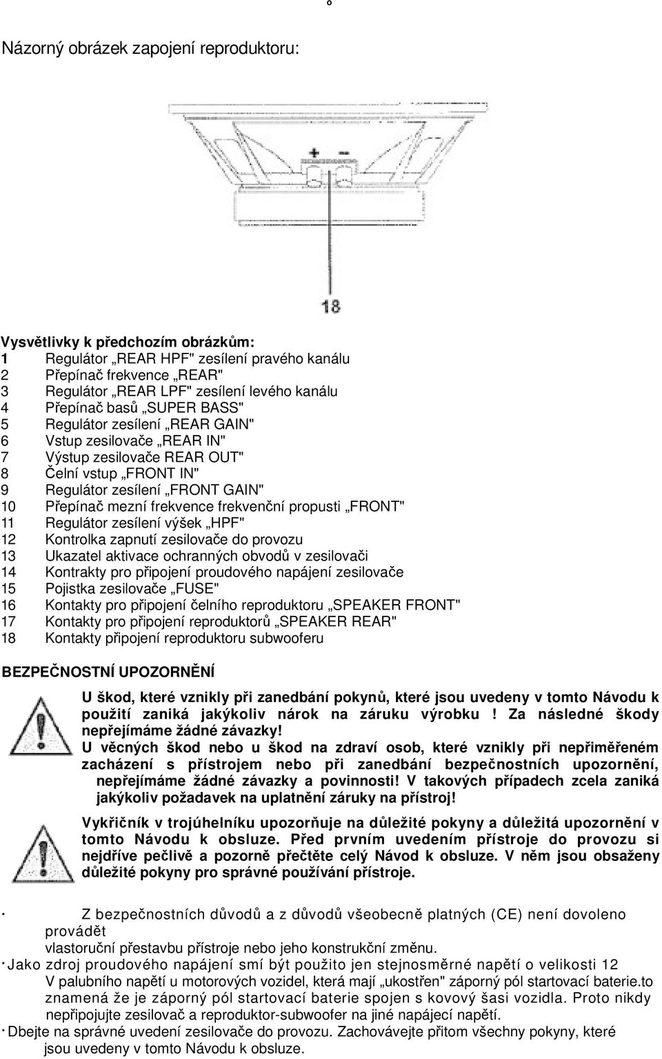 propusti FRONT" 11 Regulátor zesílení výšek HPF" 12 Kontrolka zapnutí zesilovae do provozu 13 Ukazatel aktivace ochranných obvod v zesilovai 14 Kontrakty pro pipojení proudového napájení zesilovae 15