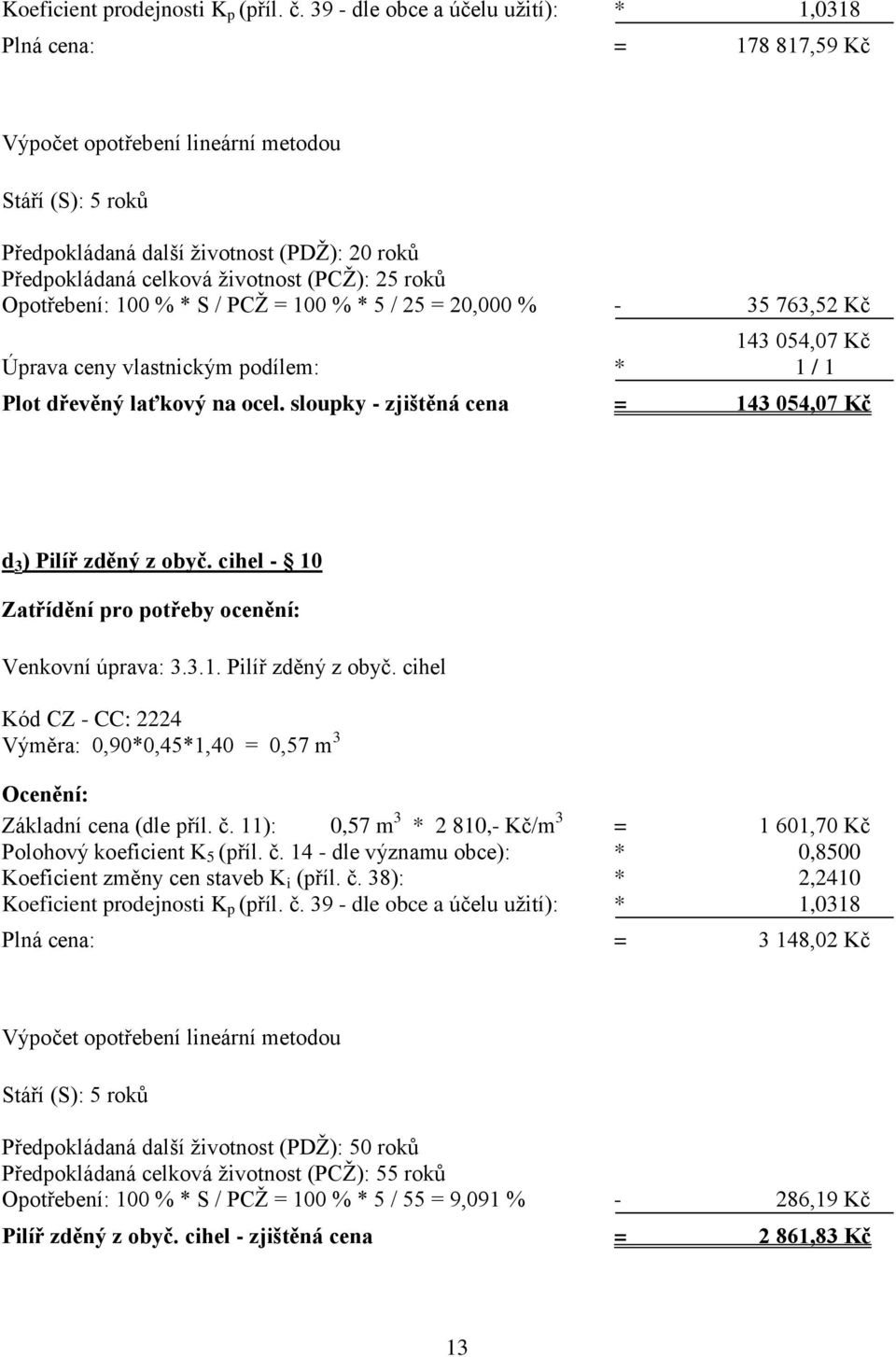 (PCŽ): 25 roků Opotřebení: 100 % * S / PCŽ = 100 % * 5 / 25 = 20,000 % - 35 763,52 Kč 143 054,07 Kč Úprava ceny vlastnickým podílem: * 1 / 1 Plot dřevěný laťkový na ocel.