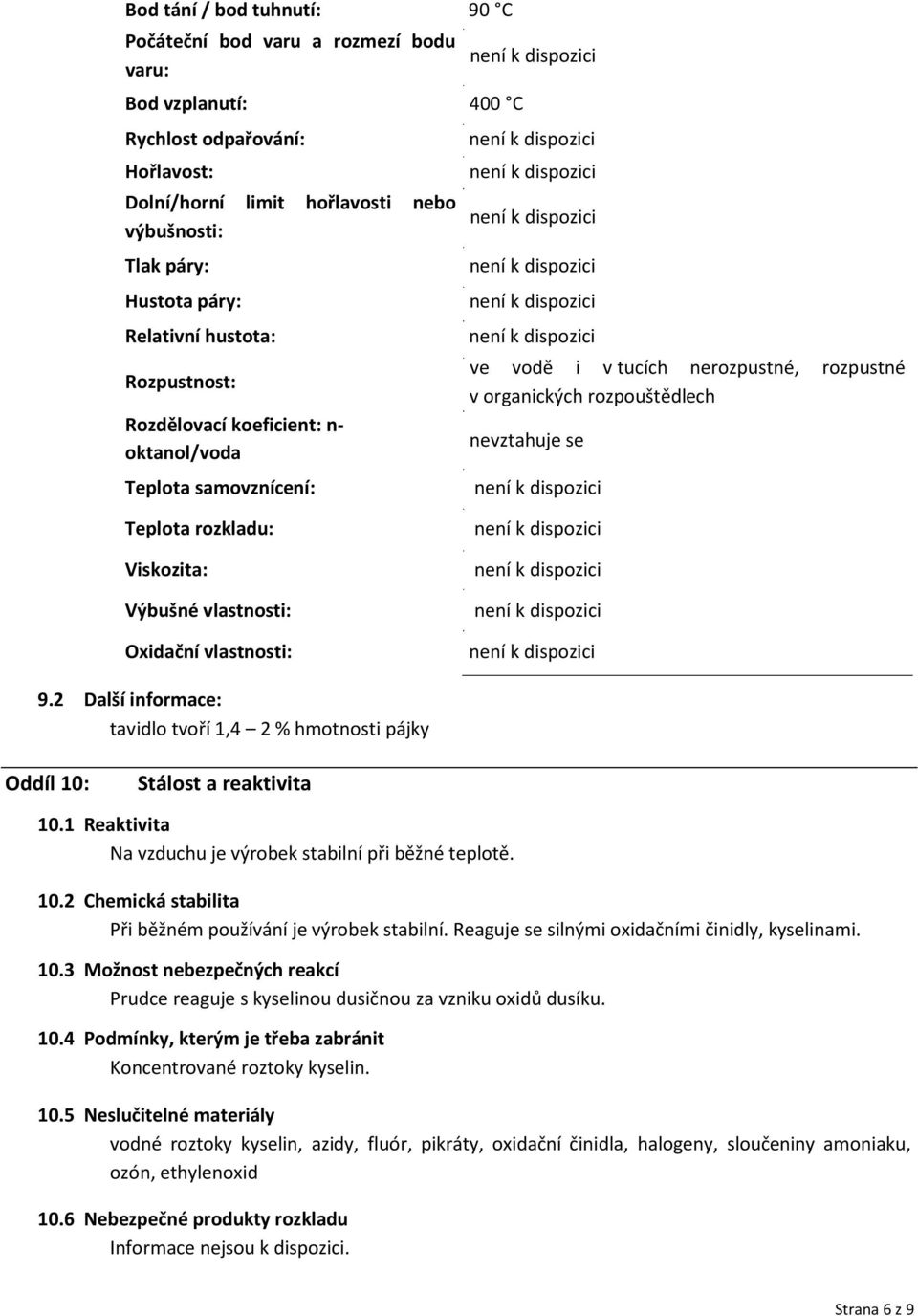 Výbušné vlastnosti: Oxidační vlastnosti: 9.2 Další informace: tavidlo tvoří 1,4 2 % hmotnosti pájky Oddíl 10: Stálost a reaktivita 10.1 Reaktivita Na vzduchu je výrobek stabilní při běžné teplotě. 10.2 Chemická stabilita Při běžném používání je výrobek stabilní.