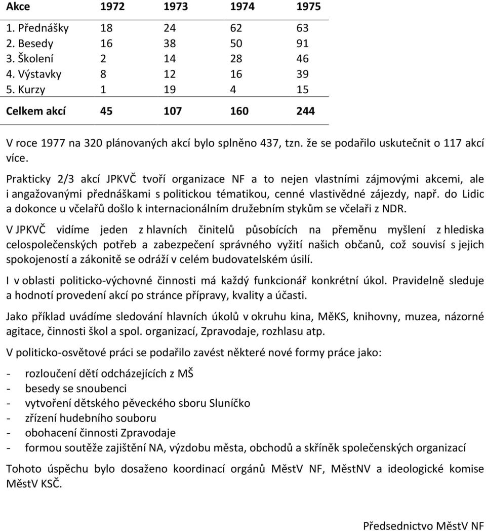 Prakticky 2/3 akcí JPKVČ tvoří organizace NF a to nejen vlastními zájmovými akcemi, ale i angažovanými přednáškami s politickou tématikou, cenné vlastivědné zájezdy, např.