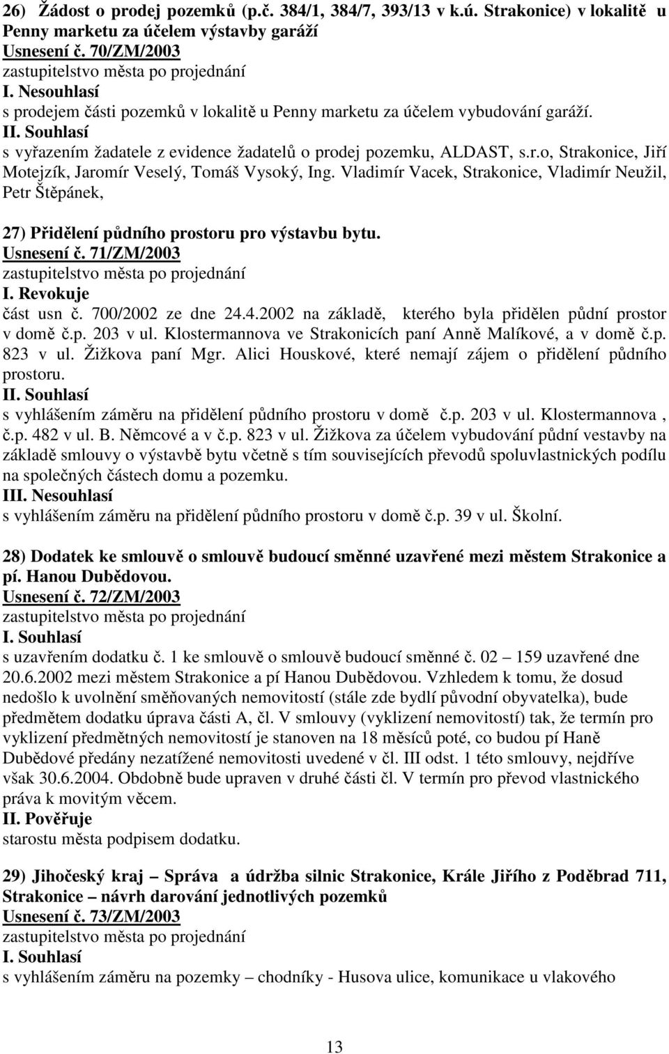 Vladimír Vacek, Strakonice, Vladimír Neužil, Petr Štěpánek, 27) Přidělení půdního prostoru pro výstavbu bytu. Usnesení č. 71/ZM/2003 I. Revokuje část usn č. 700/2002 ze dne 24.