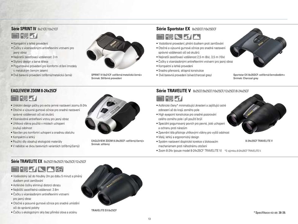 Snímek: Stříbrné provedení Vodotěsné provedení; plnění dusíkem proti zamlžování Otočné a výsuvné gumové očnice pro snadné nastavení správné vzdálenosti očí od okulárů Nejkratší zaostřovací vzdálenost