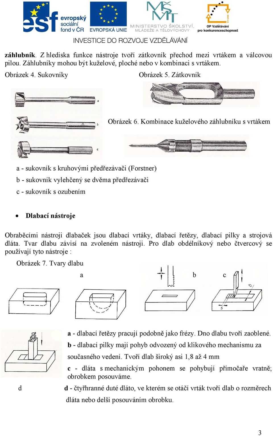 Kombinace kuželového záhlubníku s vrtákem a - sukovník s kruhovými předřezávači (Forstner) b - sukovník vylehčený se dvěma předřezávači c - sukovník s ozubením Dlabací nástroje Obraběcími nástroji
