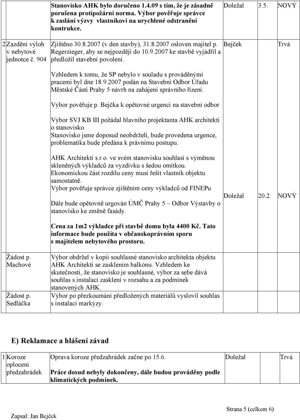 Vzhledem k tomu, že SP nebylo v souladu s prováděnými pracemi byl dne 18.9.2007 podán na Stavební Odbor Úřadu Městské Části Prahy 5 návrh na zahájení správního řízení. Výbor pověřuje p.