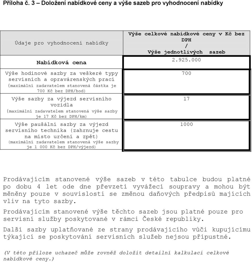 zadavatelem stanovená částka je 700 Kč bez DPH/hod) Výše sazby za výjezd servisního vozidla (maximální zadavatelem stanovená výše sazby je 17 Kč bez DPH/km) Výše paušální sazby za výjezd servisního