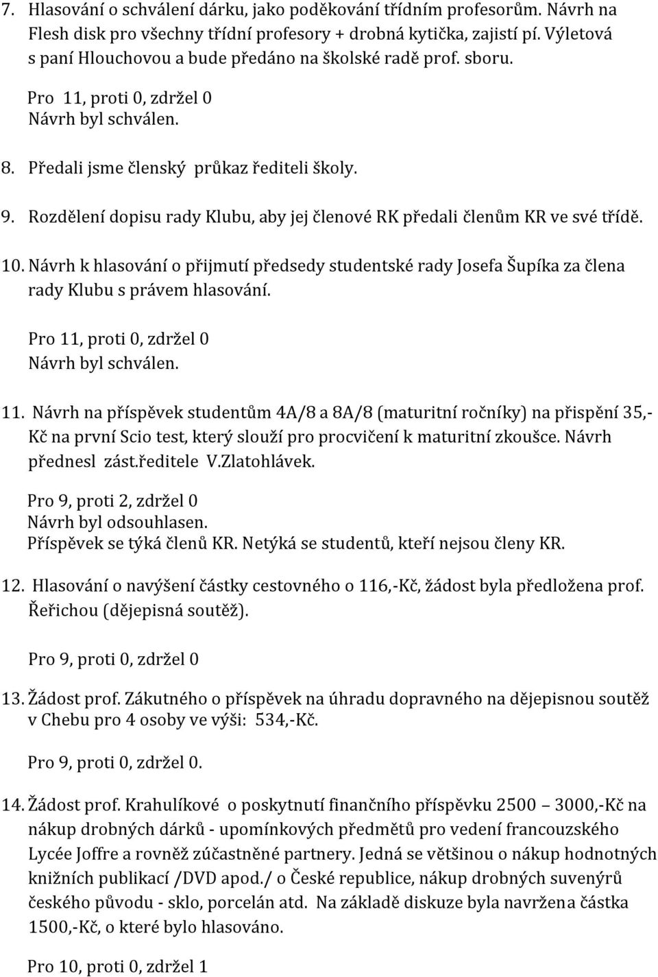 Rozdělení dopisu rady Klubu, aby jej členové RK předali členům KR ve své třídě. 10. Návrh k hlasování o přijmutí předsedy studentské rady Josefa Šupíka za člena rady Klubu s právem hlasování.