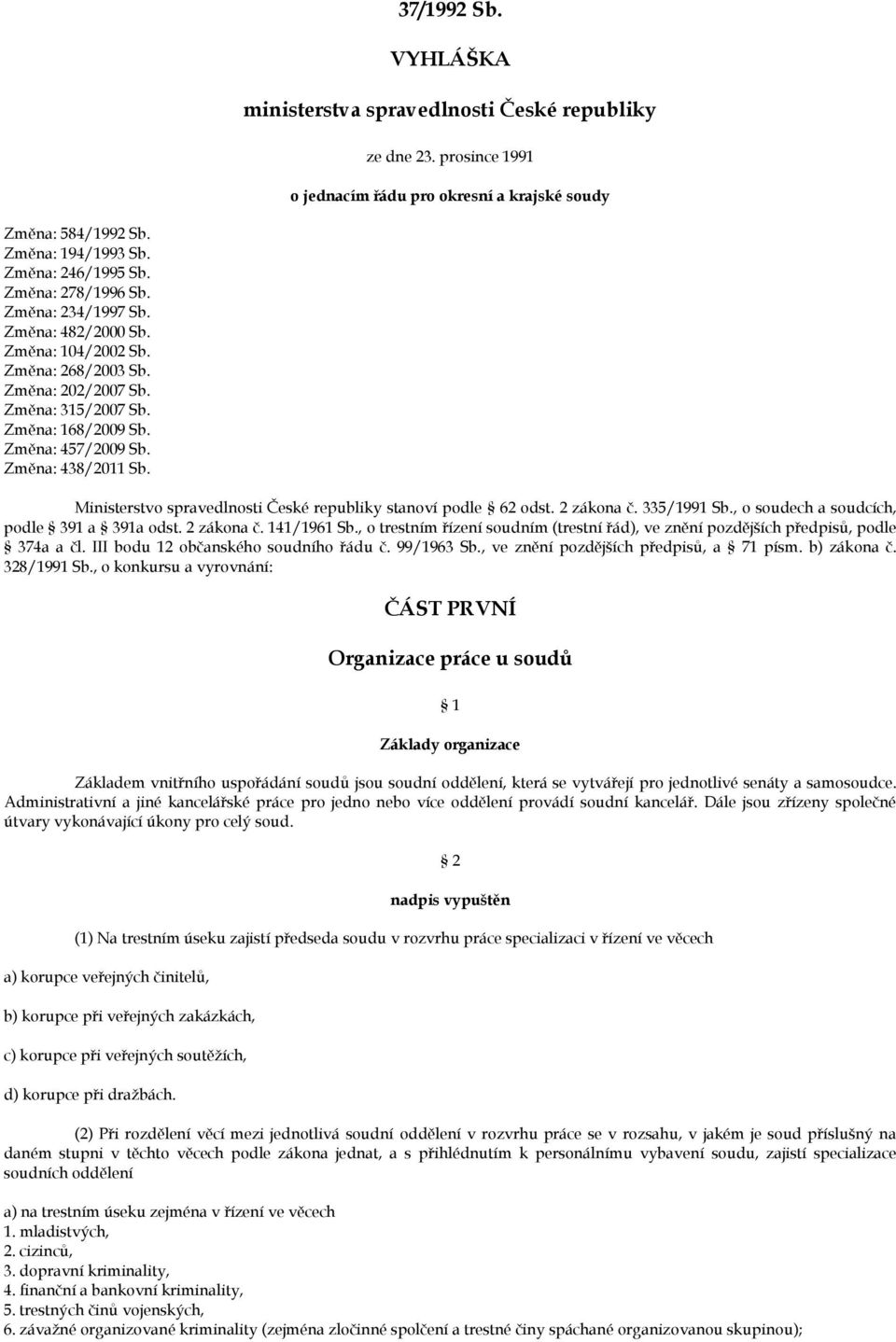 Ministerstvo spravedlnosti České republiky stanoví podle 62 odst. 2 zákona č. 335/1991 Sb., o soudech a soudcích, podle 391 a 391a odst. 2 zákona č. 141/1961 Sb.