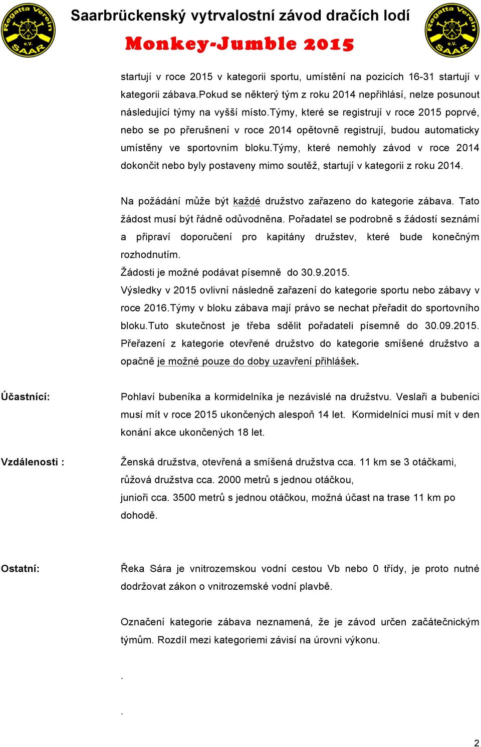 týmy, které nemohly závod v roce 2014 dokončit nebo byly postaveny mimo soutěž, startují v kategorii z roku 2014. Na požádání může být každé družstvo zařazeno do kategorie zábava.