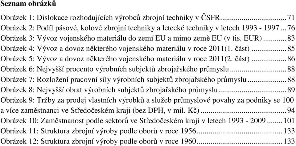 .. 85 Obrázek 5: Vývoz a dovoz některého vojenského materiálu v roce 2011(2. část)... 86 Obrázek 6: Nejvyšší procento výrobních subjektů zbrojařského průmyslu.