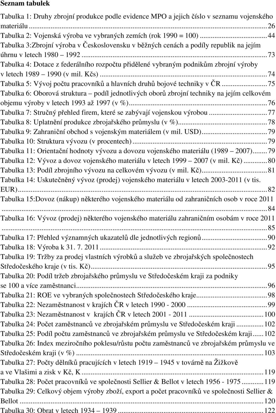 .. 73 Tabulka 4: Dotace z federálního rozpočtu přidělené vybraným podnikům zbrojní výroby v letech 1989 1990 (v mil. Kčs)... 74 Tabulka 5: Vývoj počtu pracovníků a hlavních druhů bojové techniky v ČR.