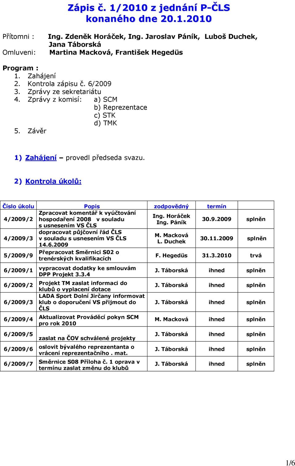 2) Kontrola úkolů: Číslo úkolu Popis zodpovědný termín Zpracovat komentář k vyúčtování Ing. Horáček 4/2009/2 hospodaření 2008 v souladu 30.9.2009 splněn Ing.