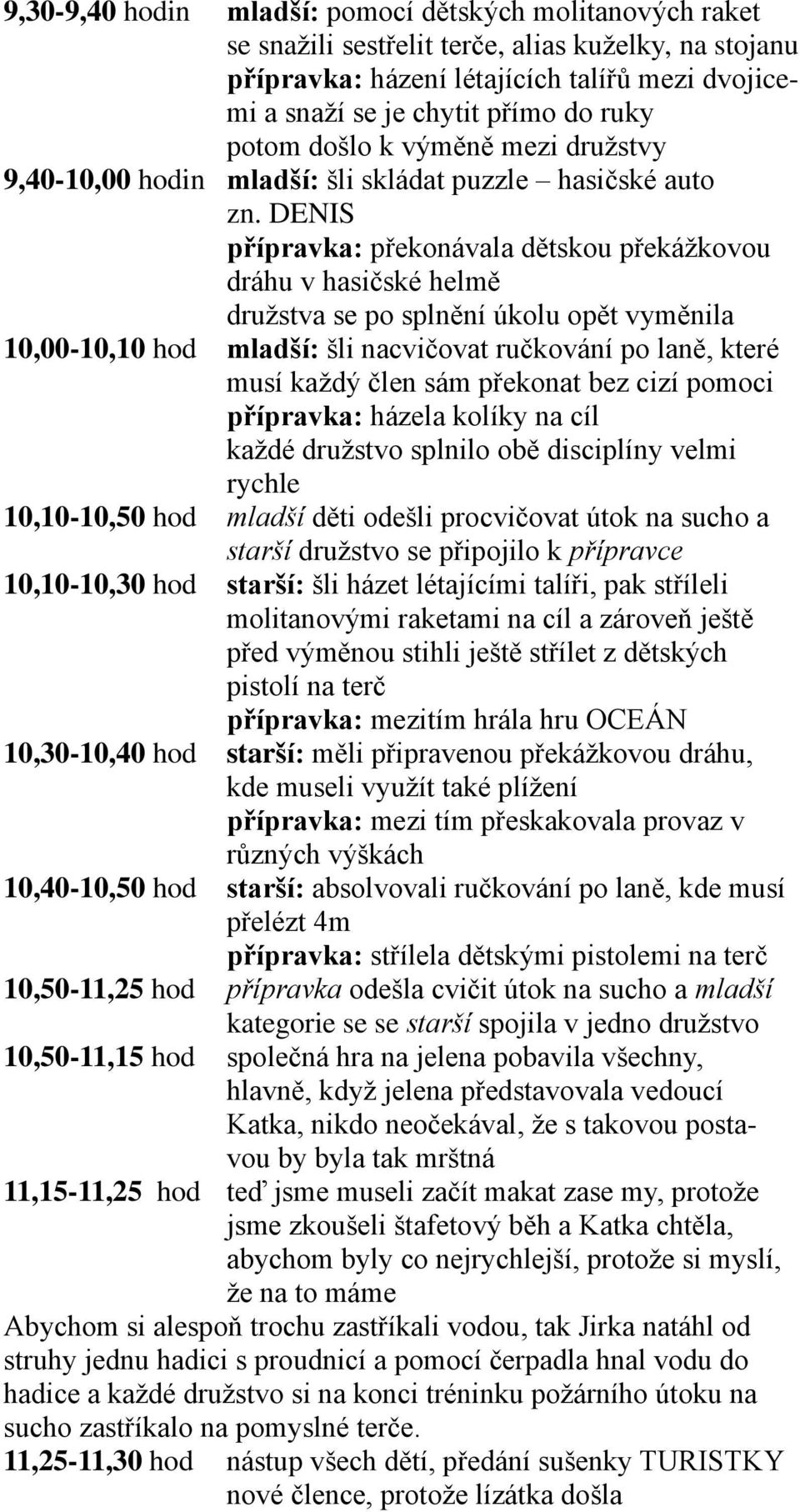 DENIS přípravka: překonávala dětskou překážkovou dráhu v hasičské helmě družstva se po splnění úkolu opět vyměnila 10,00-10,10 hod mladší: šli nacvičovat ručkování po laně, které musí každý člen sám