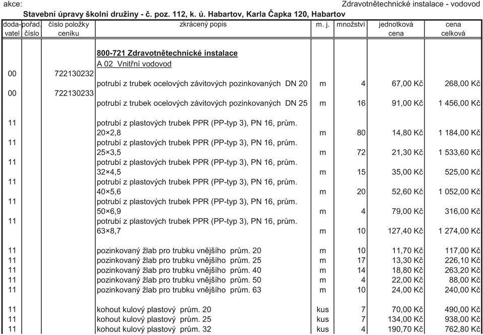 268,00 K 00 722130233 potrubí z trubek ocelových závitových pozinkovaných DN 25 m 16 91,00 K 1 456,00 K 11 potrubí z plastových trubek PPR (PP-typ 3), PN 16, pr m.