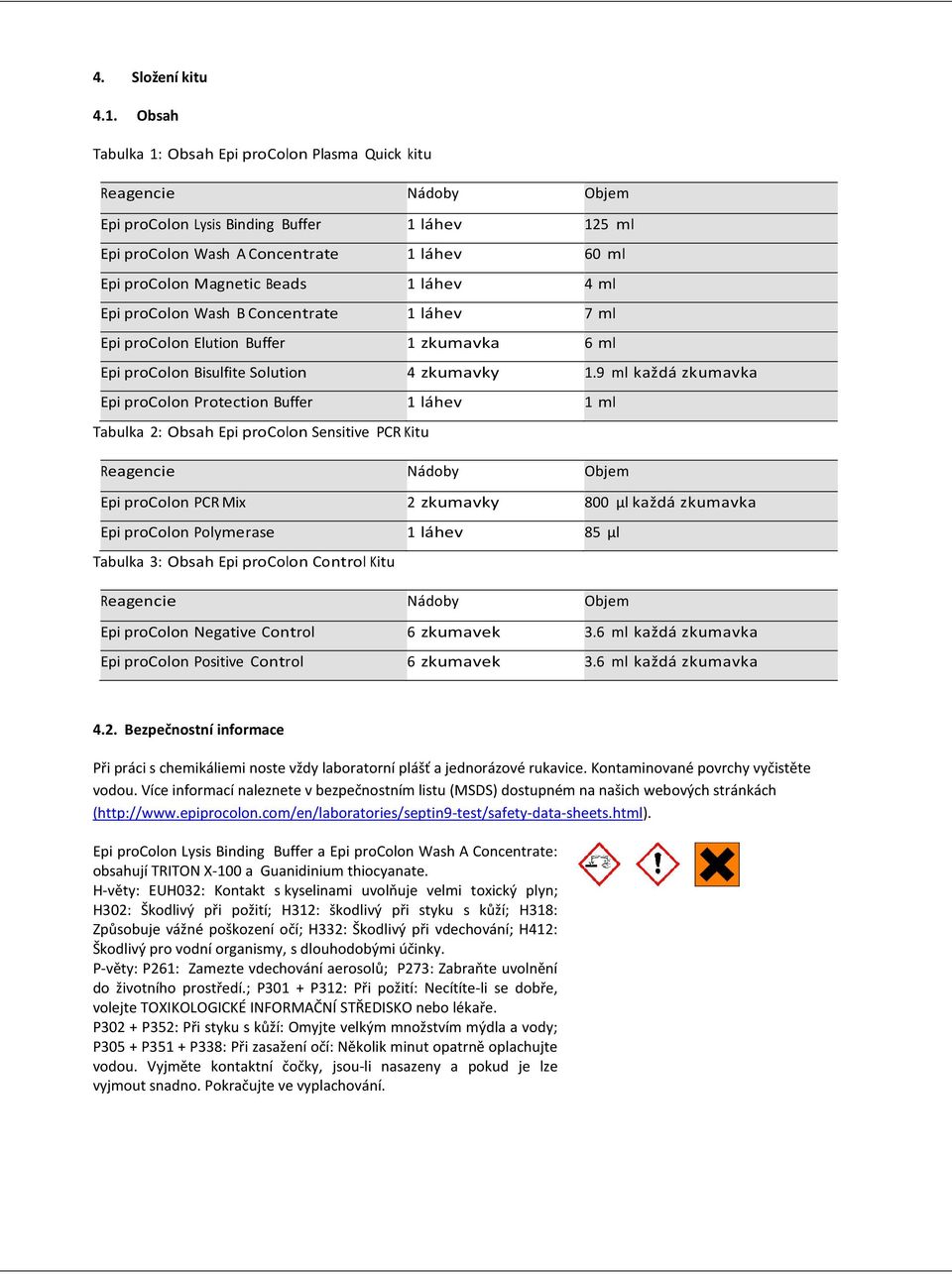 1 láhev 4 ml Epi procolon Wash B Concentrate 1 láhev 7 ml Epi procolon Elution Buffer 1 zkumavka 6 ml Epi procolon Bisulfite Solution 4 zkumavky 1.