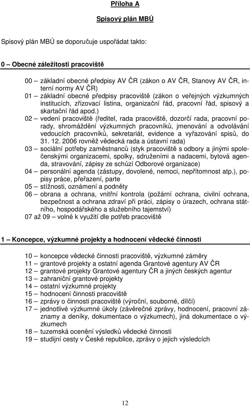 ) 02 vedení pracoviště (ředitel, rada pracoviště, dozorčí rada, pracovní porady, shromáždění výzkumných pracovníků, jmenování a odvolávání vedoucích pracovníků, sekretariát, evidence a vyřazování