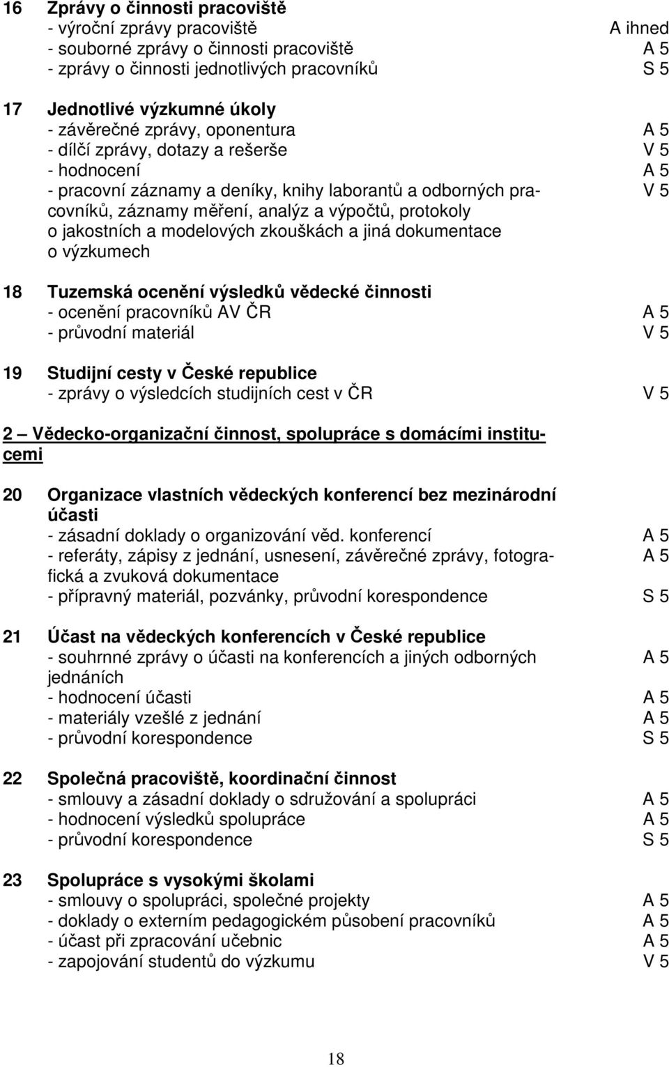 protokoly o jakostních a modelových zkouškách a jiná dokumentace o výzkumech 18 Tuzemská ocenění výsledků vědecké činnosti - ocenění pracovníků AV ČR A 5 - průvodní materiál V 5 19 Studijní cesty v