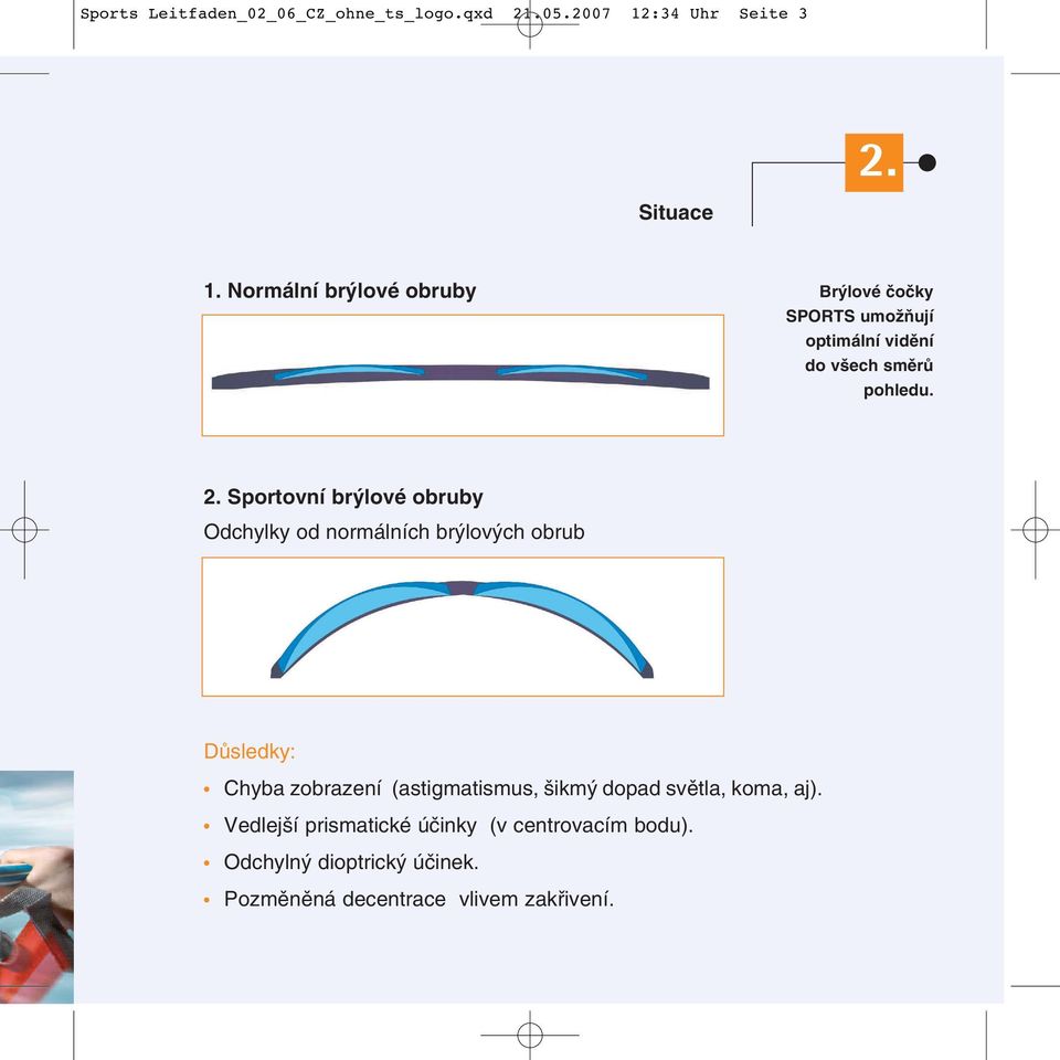 Sportovní br lové obruby Odchylky od normálních br lov ch obrub DÛsledky: Chyba zobrazení (astigmatismus,