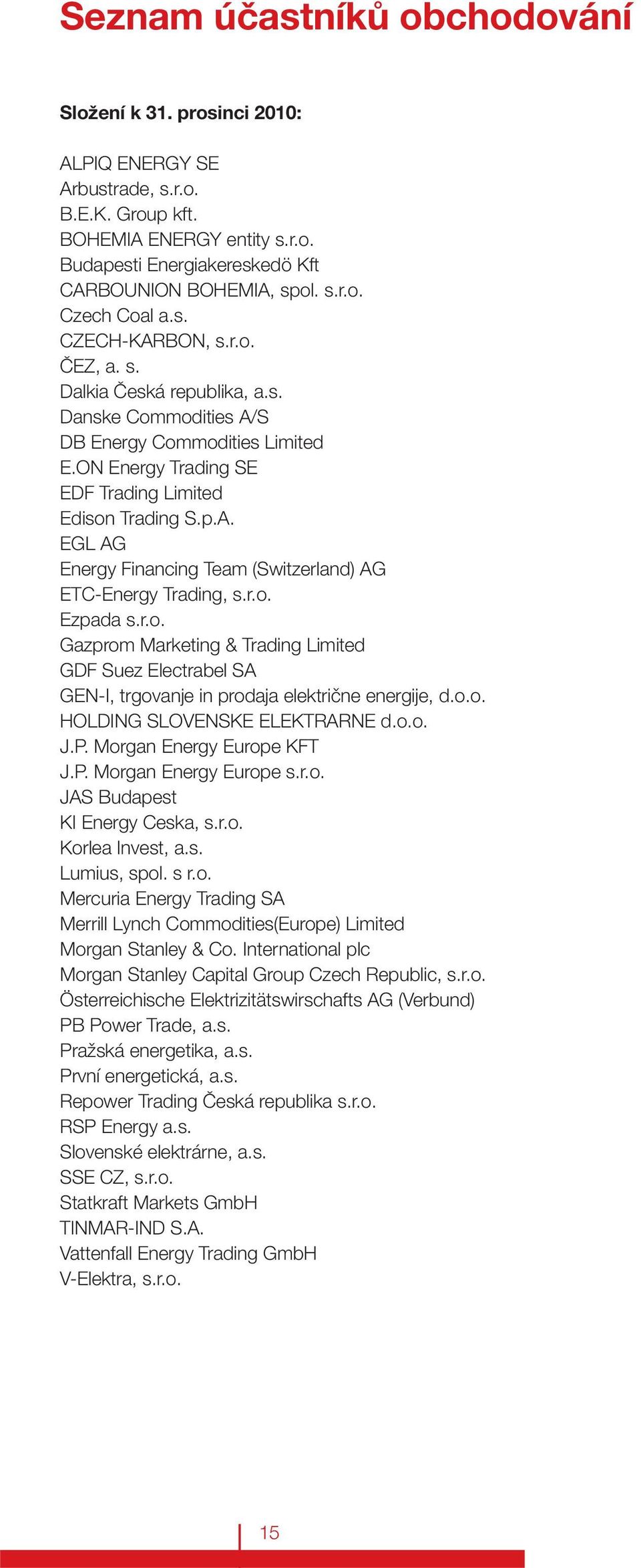 r.o. Ezpada s.r.o. Gazprom Marketing & Trading Limited GDF Suez Electrabel SA GEN-I, trgovanje in prodaja električne energije, d.o.o. HOLDING SLOVENSKE ELEKTRARNE d.o.o. J.P.