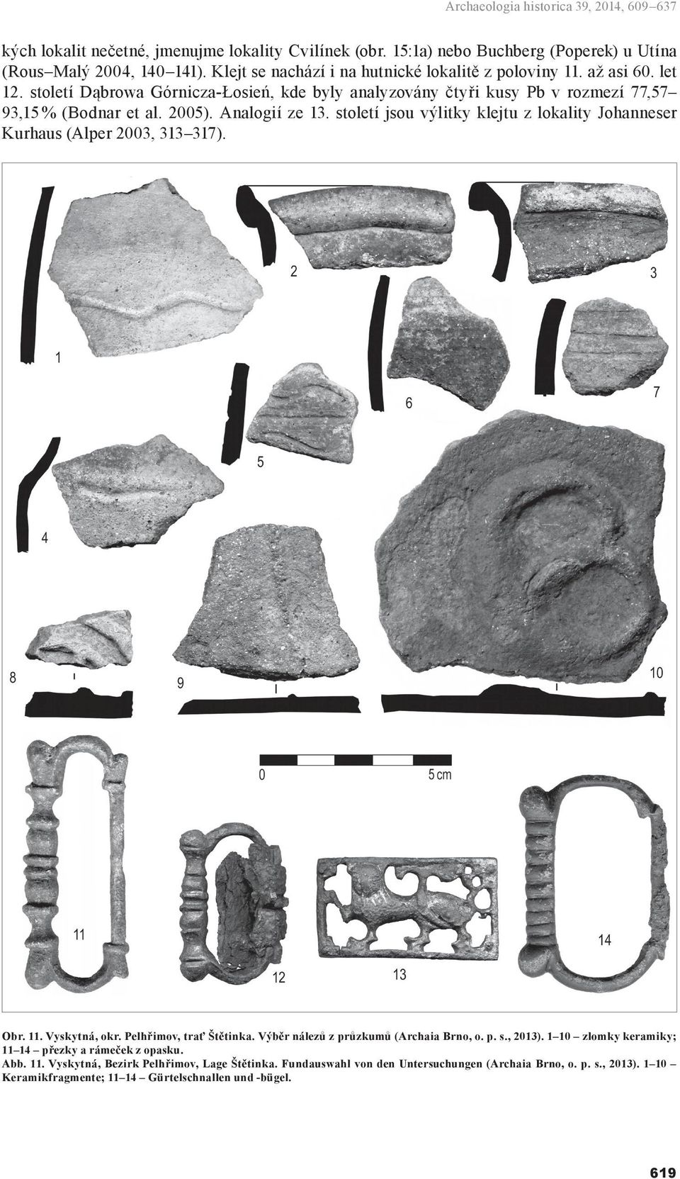 Analogií ze 13. století jsou výlitky klejtu z lokality Johanneser Kurhaus (Alper 2003, 313 317). Obr. 11. Vyskytná, okr. Pelhřimov, trať Štětinka. Výběr nálezů z průzkumů (Archaia Brno, o. p. s., 2013).